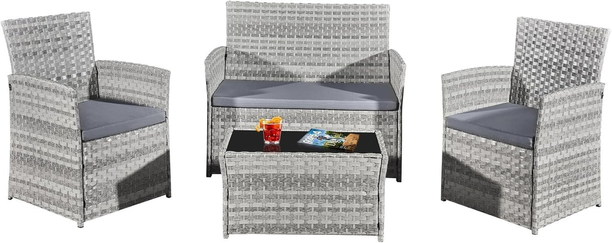 Grey Rattan Outdoor Patio Furniture Set - 4-Piece, Waterproof, Modern Design