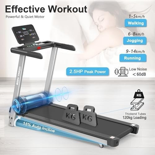 Folding Bluetooth Treadmill 14km/h 15-Level Incline 2.5HP App Kinomap Zwift Home