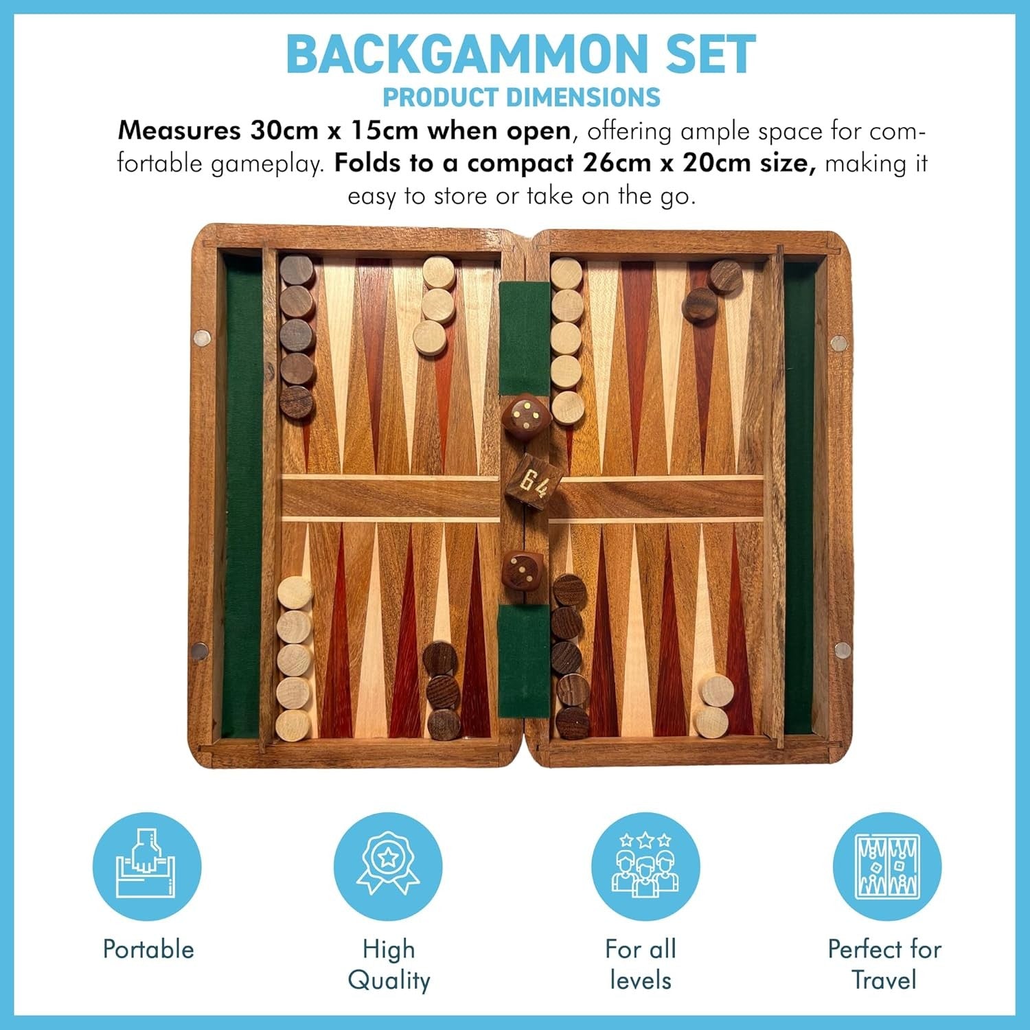 Wooden Inlaid Backgammon Set Folding Board 36x26cm Classic Strategy Game