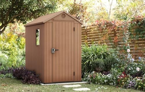 4x6FT Outdoor Garden Shed Evotech Wood-Look Storage with Floor & Lockable Door