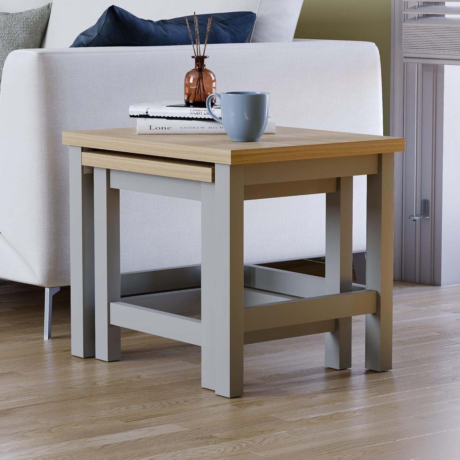 Space Saving Nest of Tables Grey Oak Modern Living Room Coffee End Side Set