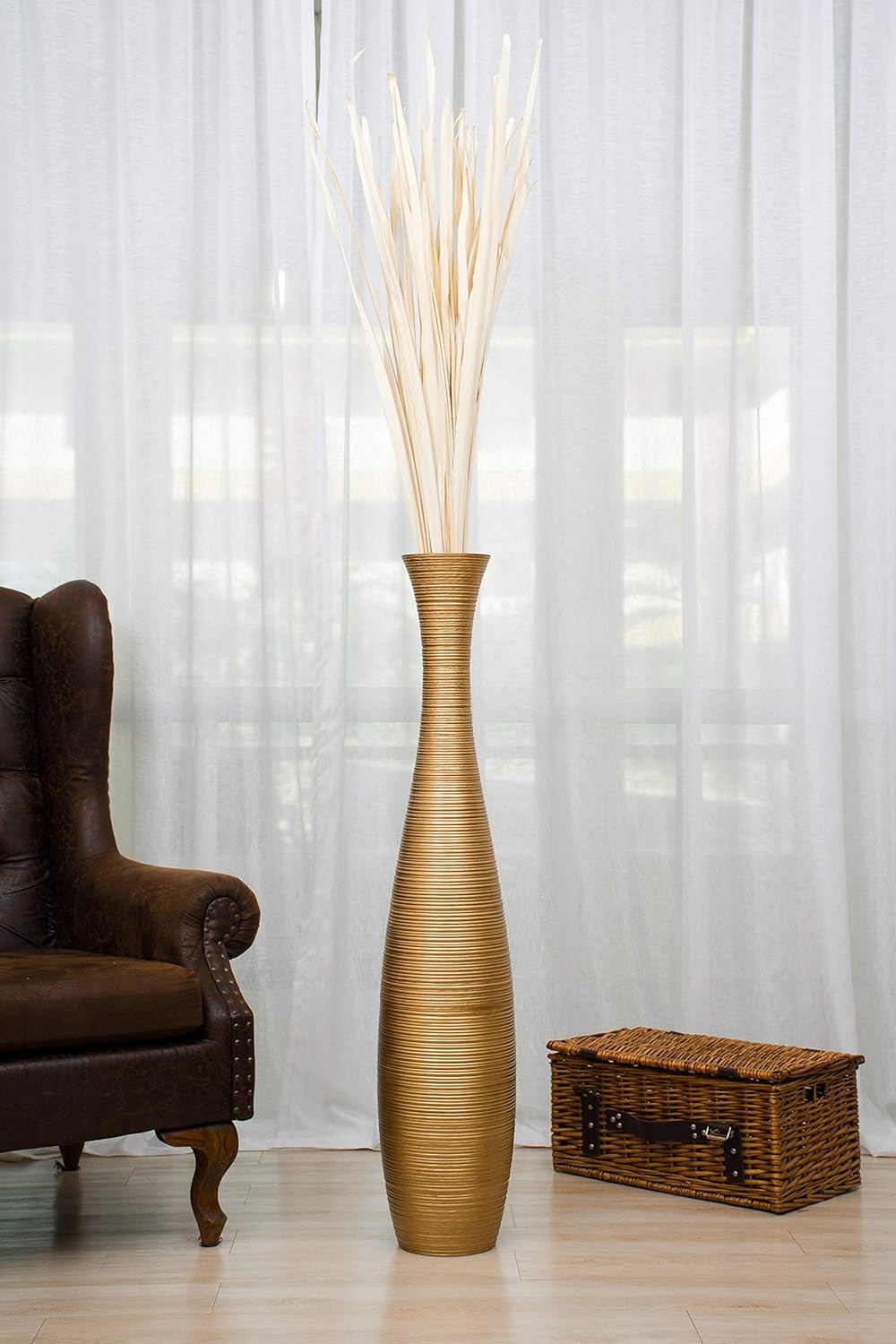 Tall Gold Floor Vase 105cm Wooden Decor for Pampas Grass Display