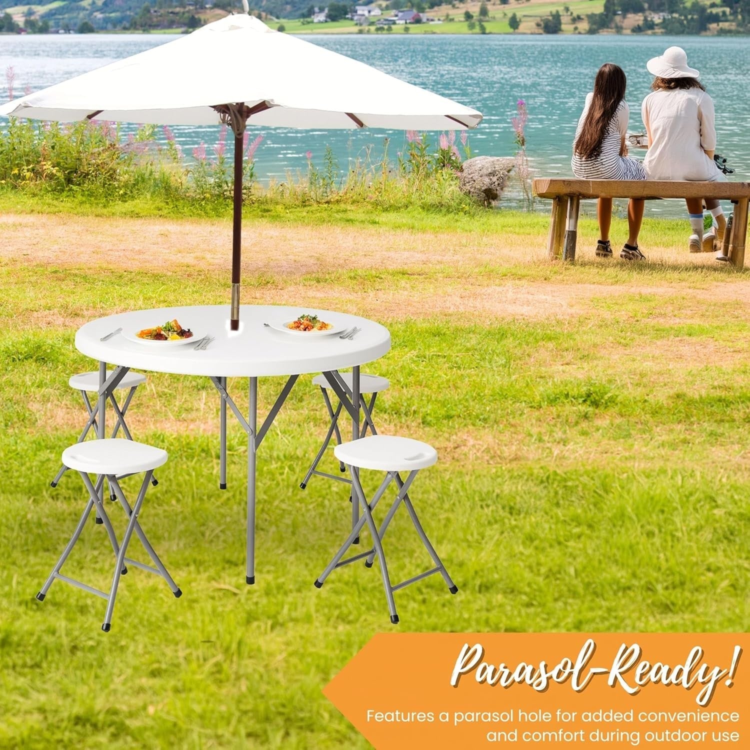 Round Folding Table & 4 Stools Set Outdoor Kitchen BBQ Garden Camping