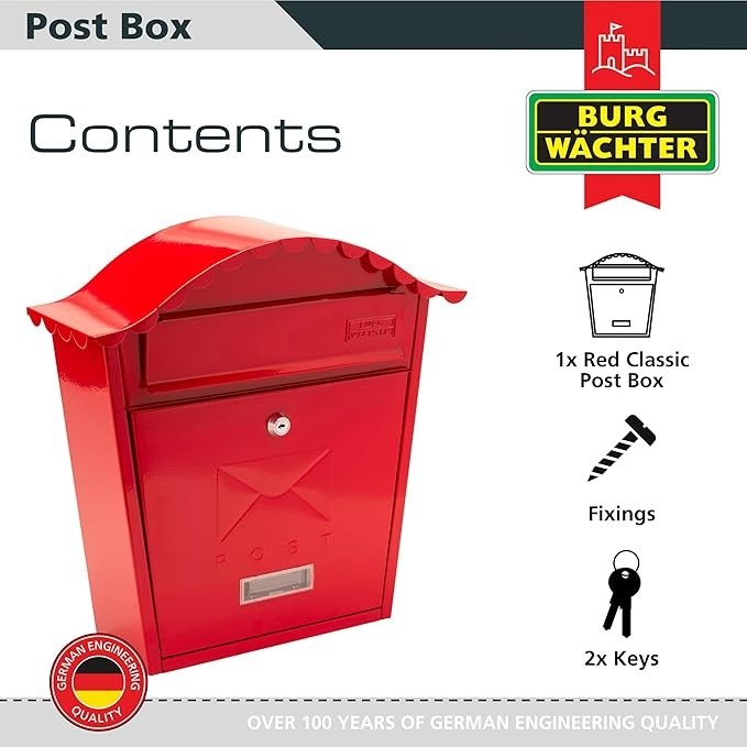Lockable Wall Mounted Red Steel Post Box Weatherproof Secure Mailbox 36x37x13cm