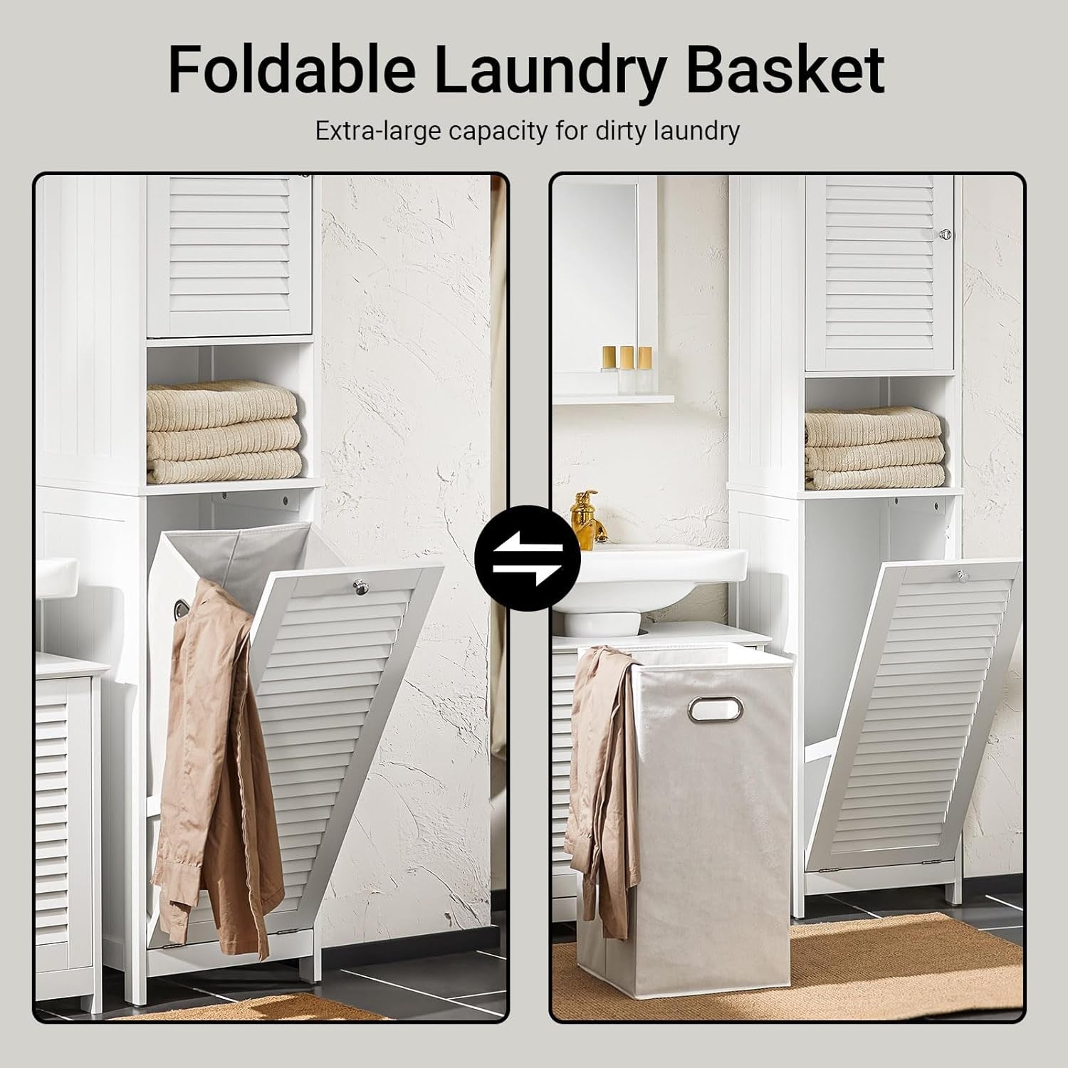 Tall Bathroom Storage Cabinet with Laundry Basket Slim Freestanding White Unit