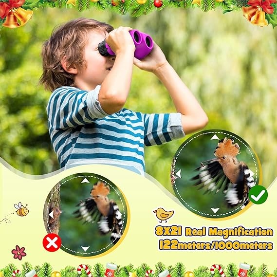 Kids 8x21 Waterproof Binoculars Purple with Compass Whistle Outdoor Explorer