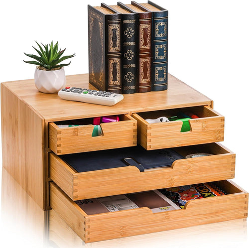 Natural Bamboo Desk Organizer 4-Drawer Desktop Storage Cabinet