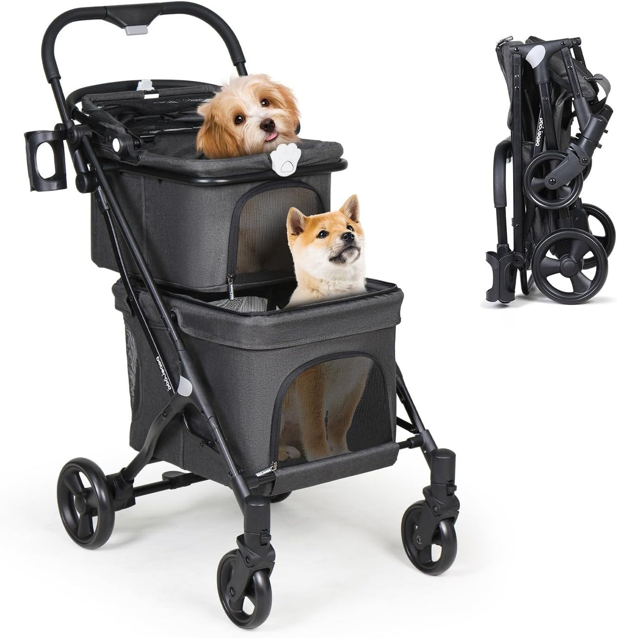 Double Pet Stroller 2 Tier Foldable Pushchair for Small Dogs Cats Black