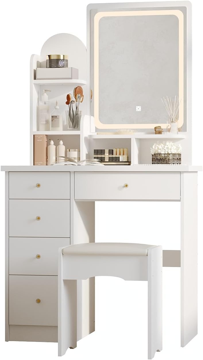 White Dressing Table Vanity Set with 3-Color LED Lights Mirror 5 Drawers & Stool