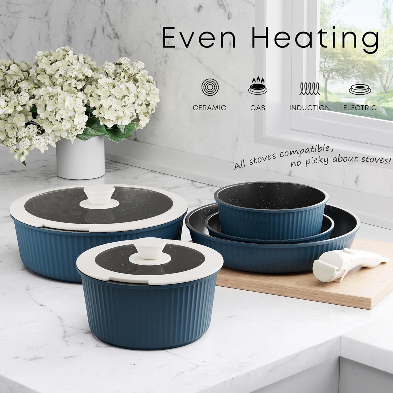 5Pcs Ribbed Navy Blue Pots Pans Set with Lids & Detachable Handle Induction Safe