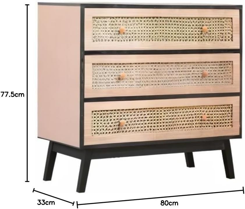 Black Frame Rattan Chest 3 Drawer Storage Cabinet Wood Dresser 80cm