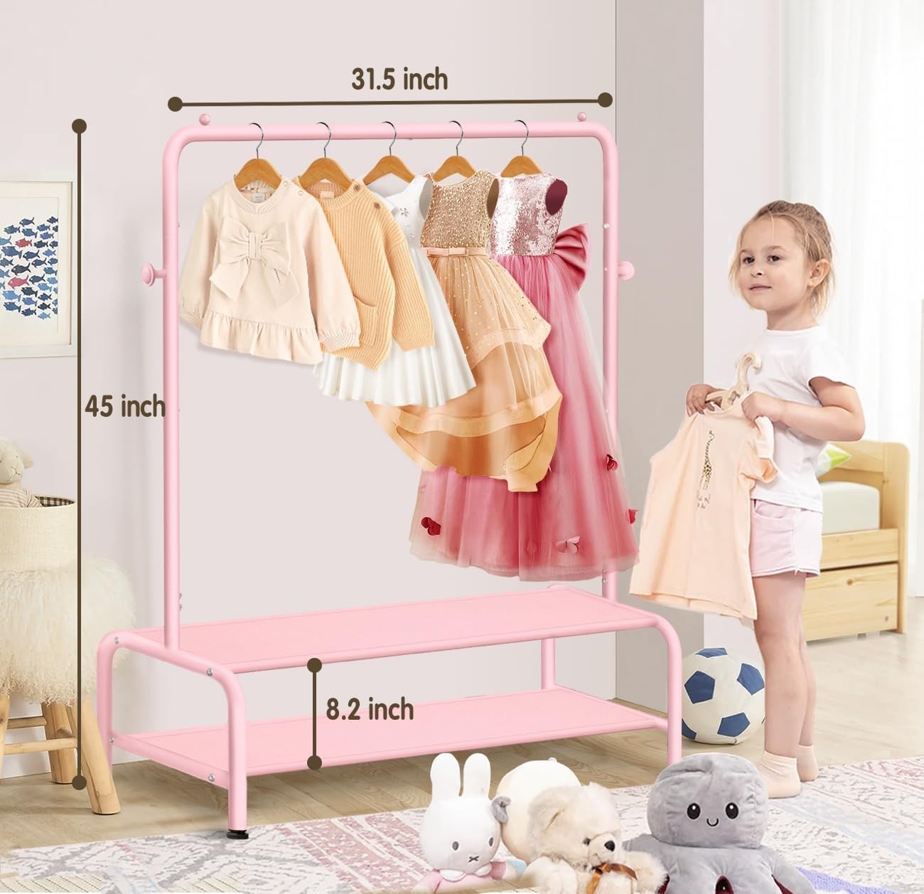 Kids Clothes Rail Light Pink Mini Dress Up Rack 2 Shelves