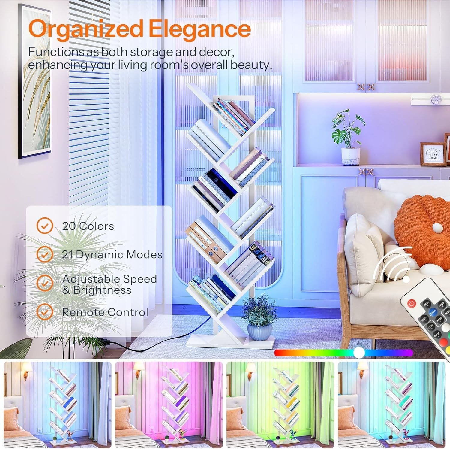 9 Tier Tree Bookshelf with LED Lights Modern Metal Frame Bookcase White