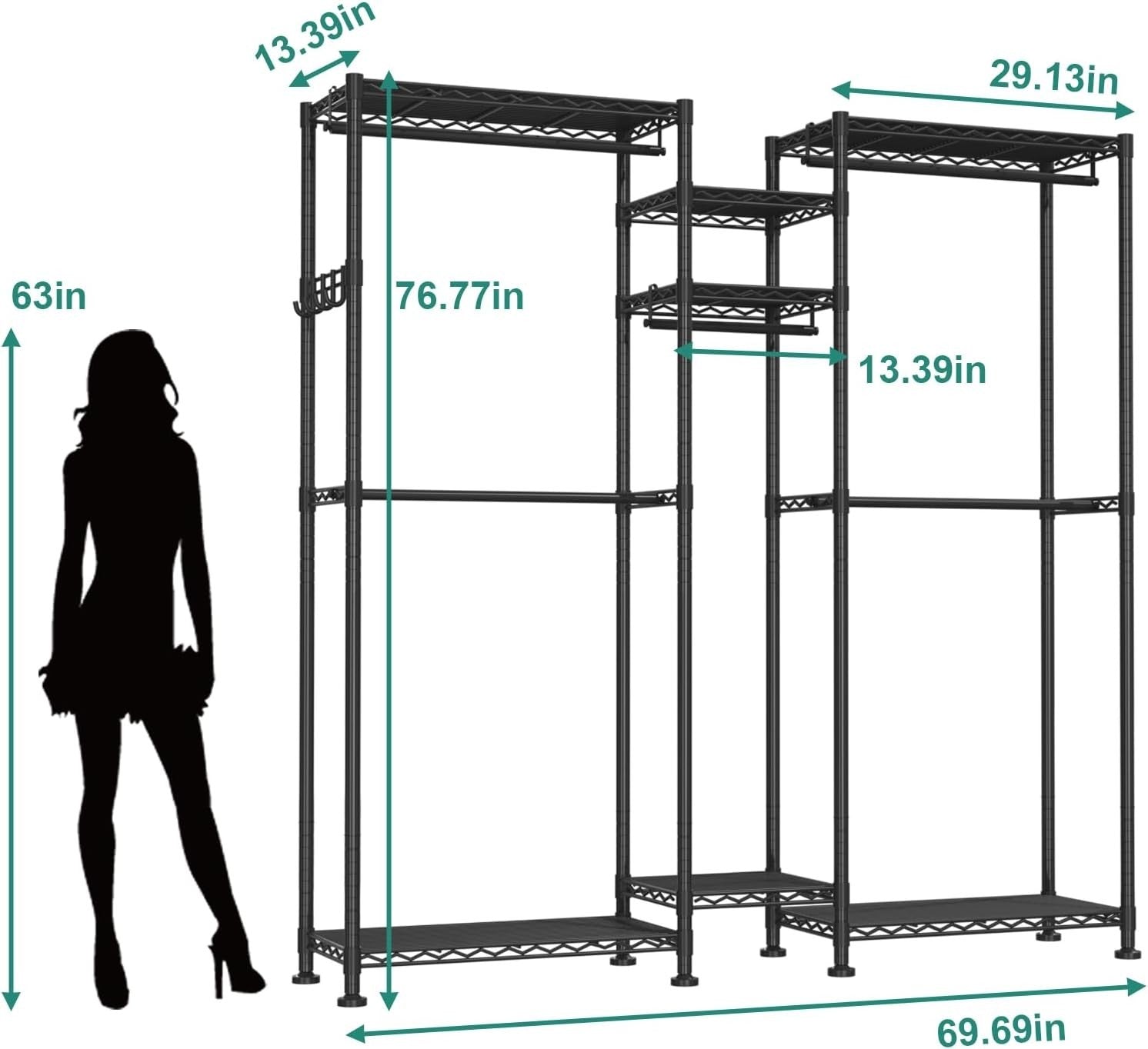 Adjustable Clothes Rail 5 Rods & 7 Shelves – Black 195cm