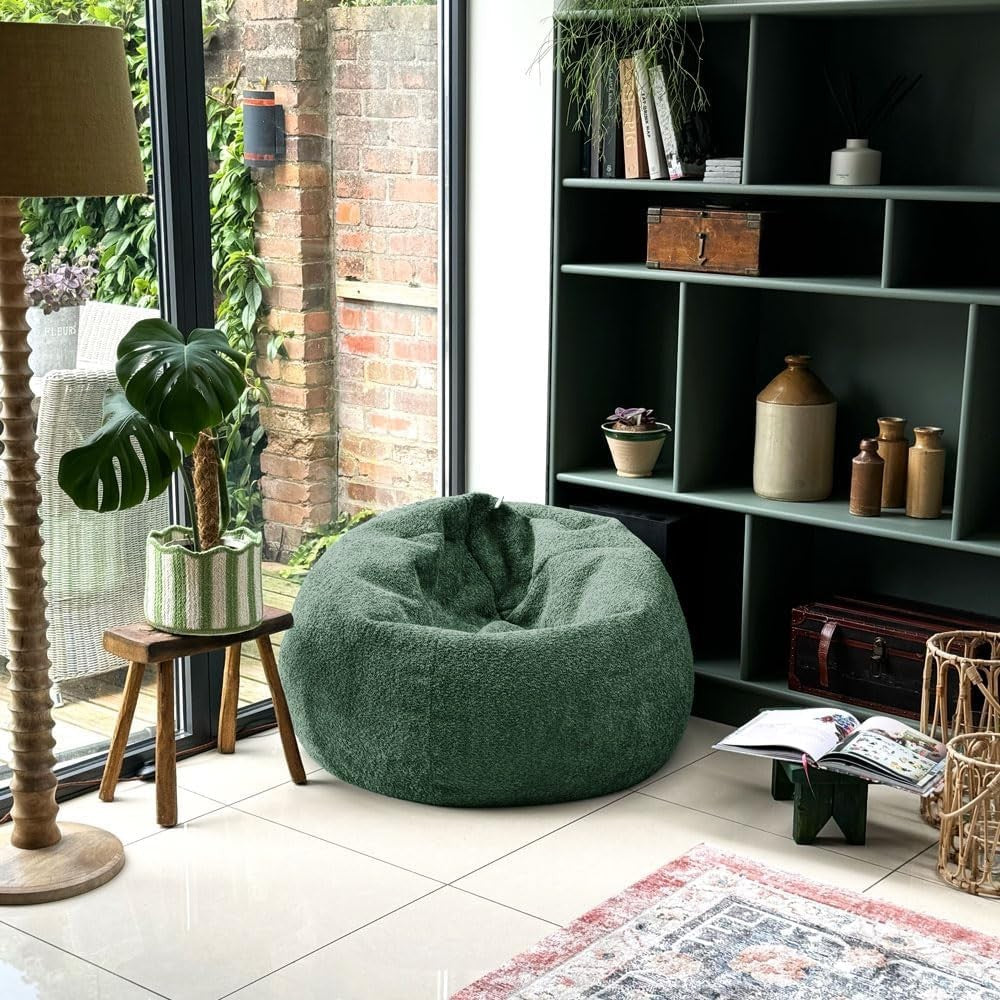 Green Boucle Bean Bag Chair & Footstool Set – Adult Size 110x80cm