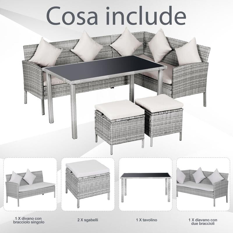 6-Seater Rattan Corner Sofa Dining Set Garden Patio Furniture w/ Table & Stools
