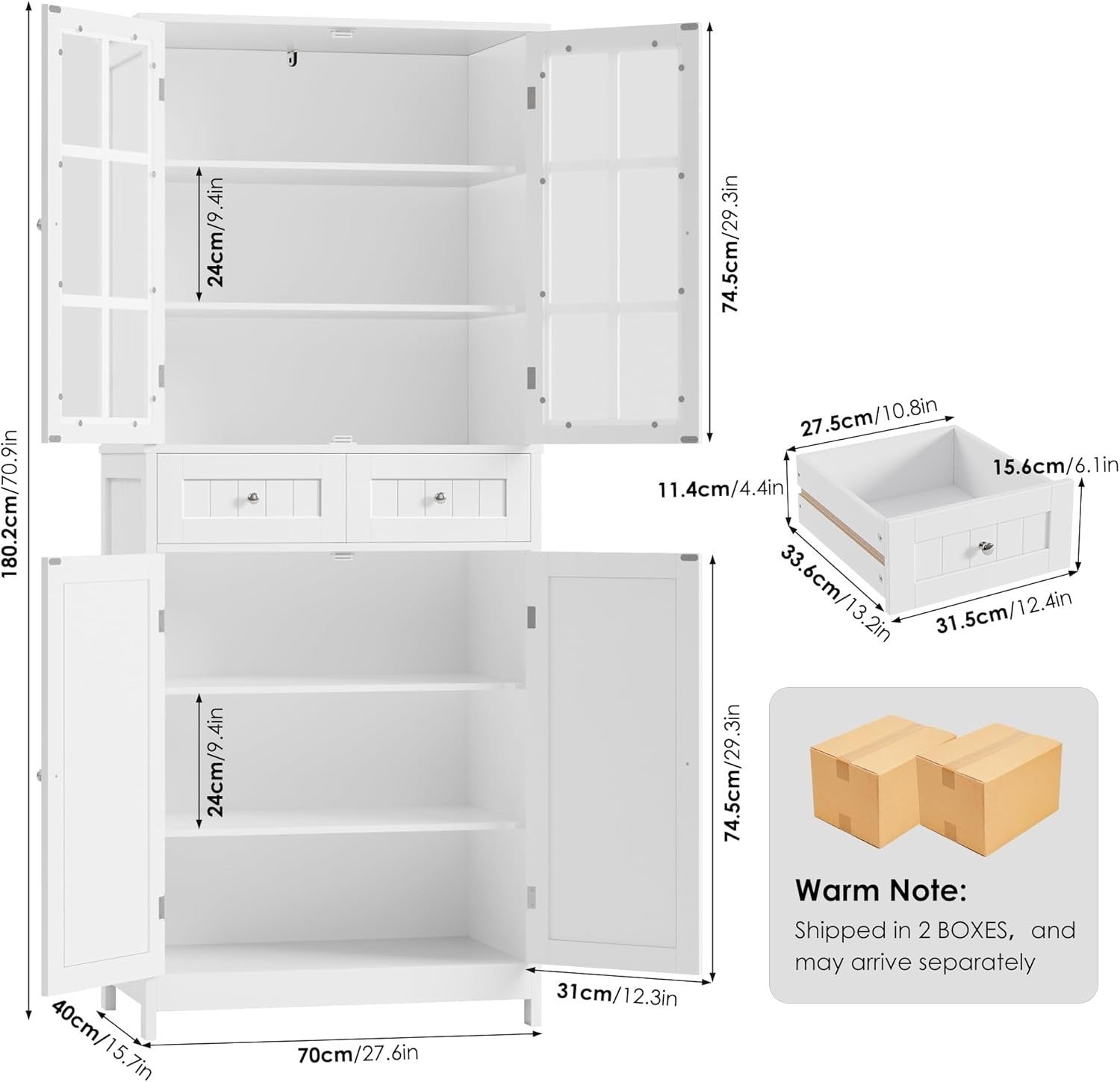 White 180cm Tall Kitchen Pantry Cupboard 4 Doors 2 Drawers Storage Cabinet