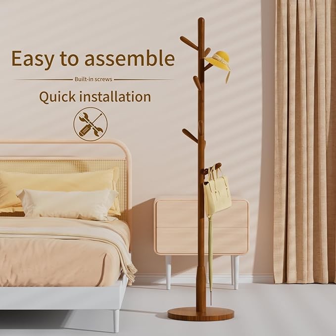 Brown Wood Coat Rack 8 Hooks Round Base Freestanding Hall Tree Stand