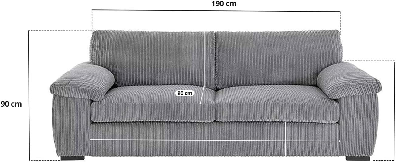 Grey Jumbo Cord 3 Seater Sofa Comfy Cushioned Fabric Lounge Couch UK
