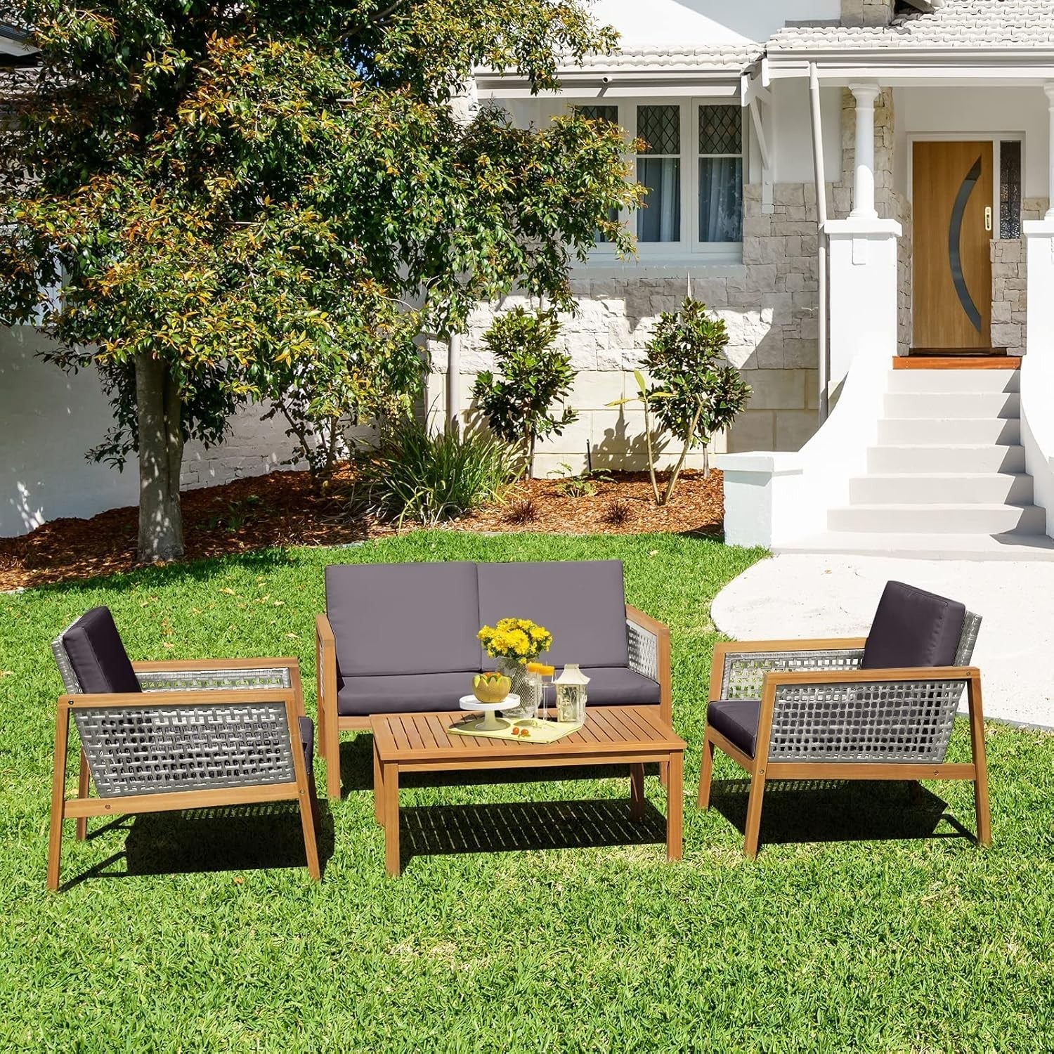 4PC Garden Rattan Sofa Set Outdoor Patio Furniture W/ Coffee Table
