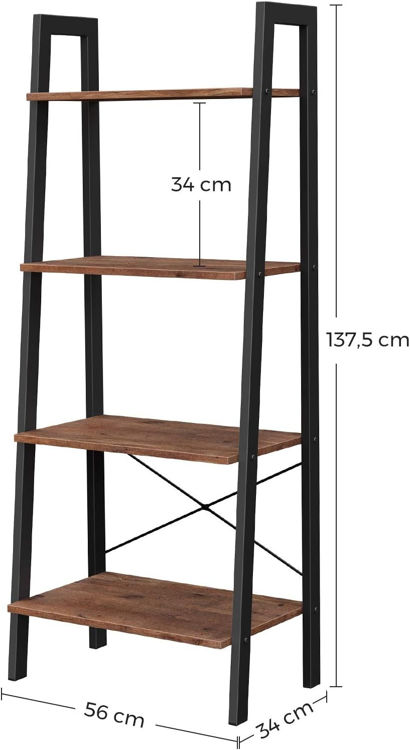 4-Tier Industrial Ladder Shelf Bookcase – Rustic Hazelnut Storage Unit for Home