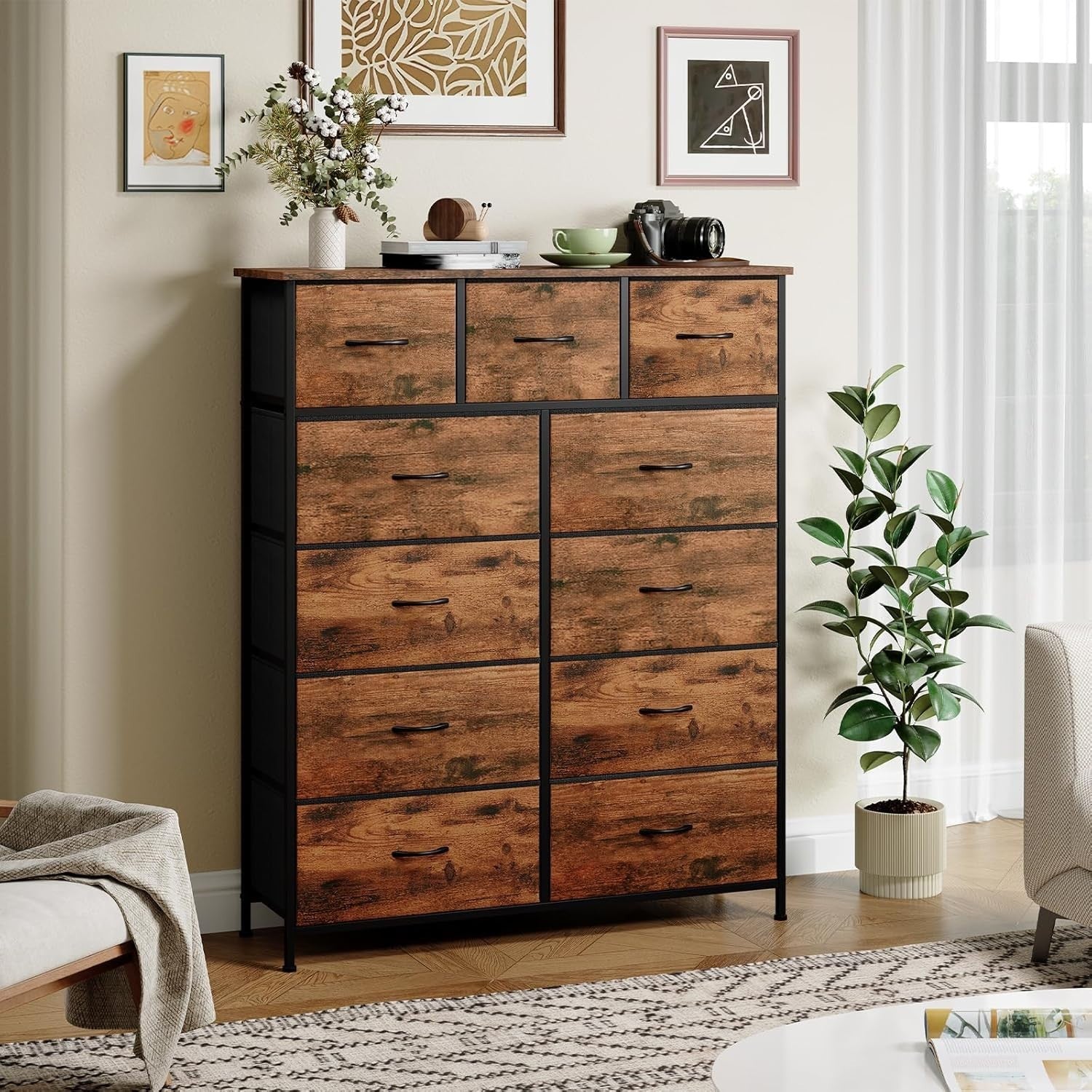 Tall Chest of Drawers 11 Drawer Storage Unit Wood Grain Bedroom Cabinet
