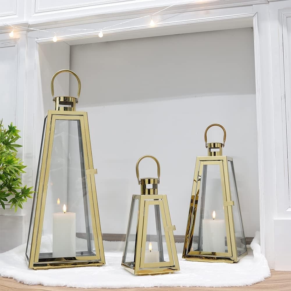 Set of 3 Gold Stainless Steel Lanterns Hanging Candle Holders