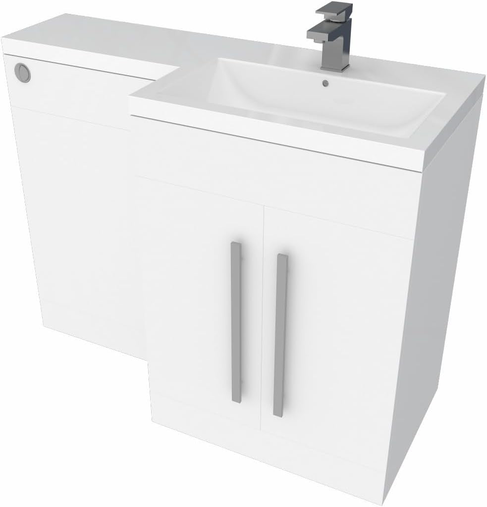 1100mm L Shape Right Hand Vanity Unit with Basin Sink & BTW Toilet Gloss White