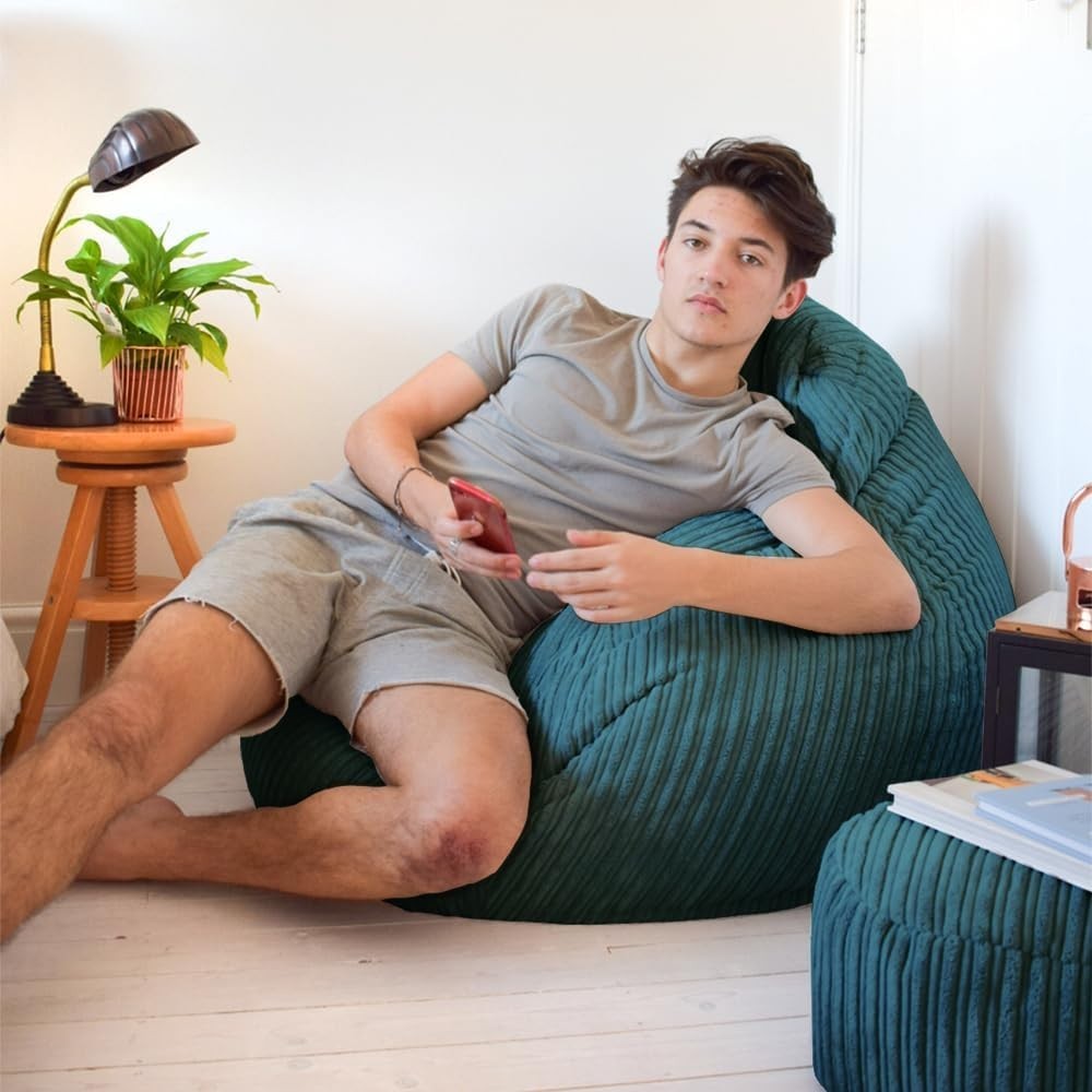 Large Corduroy Bean Bag Chair with Footstool – Soft Washable Seat UK
