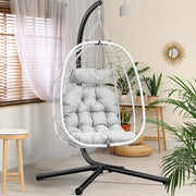 Luxury Hanging Egg Chair with Stand Outdoor Rattan Swing Seat Grey Cushion