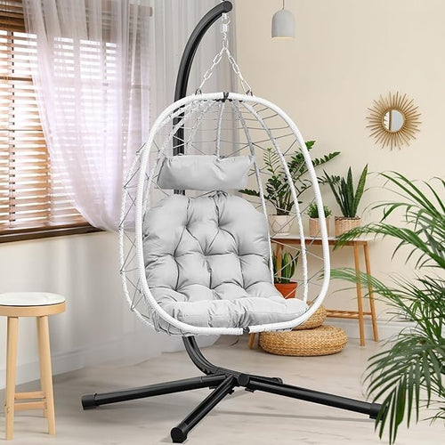 Luxury Hanging Egg Chair with Stand Outdoor Rattan Swing Seat Grey Cushion