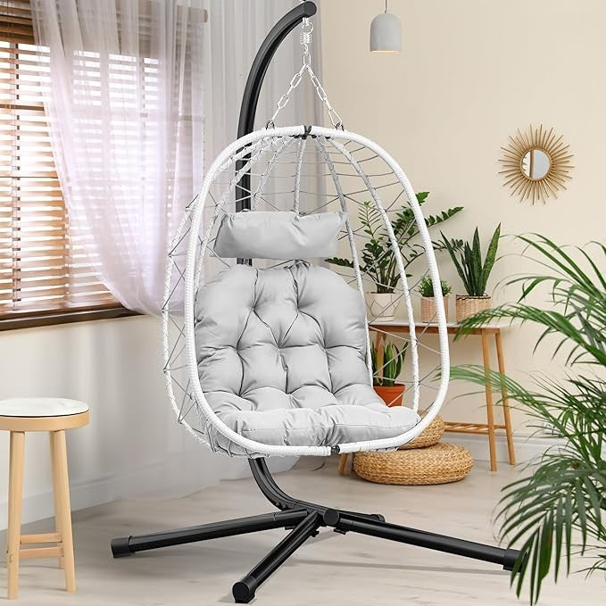 Luxury Hanging Egg Chair with Stand Outdoor Rattan Swing Seat Grey Cushion