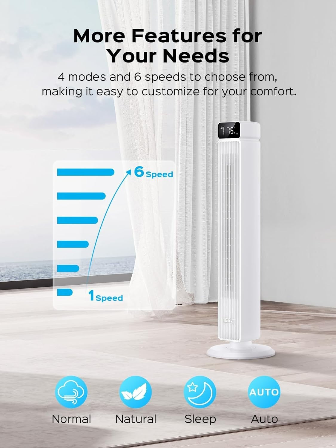 Tower Fan 25ft/s Quiet 30dB – 6-Speed Oscillating Fan w/ Remote & Timer White