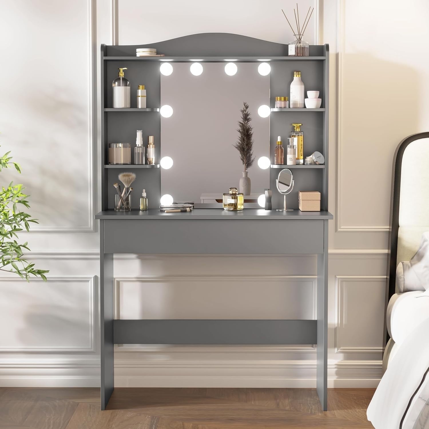 Modern Dressing Table Vanity Set 10 LED Lights Mirror Drawer Shelves Grey Makeup