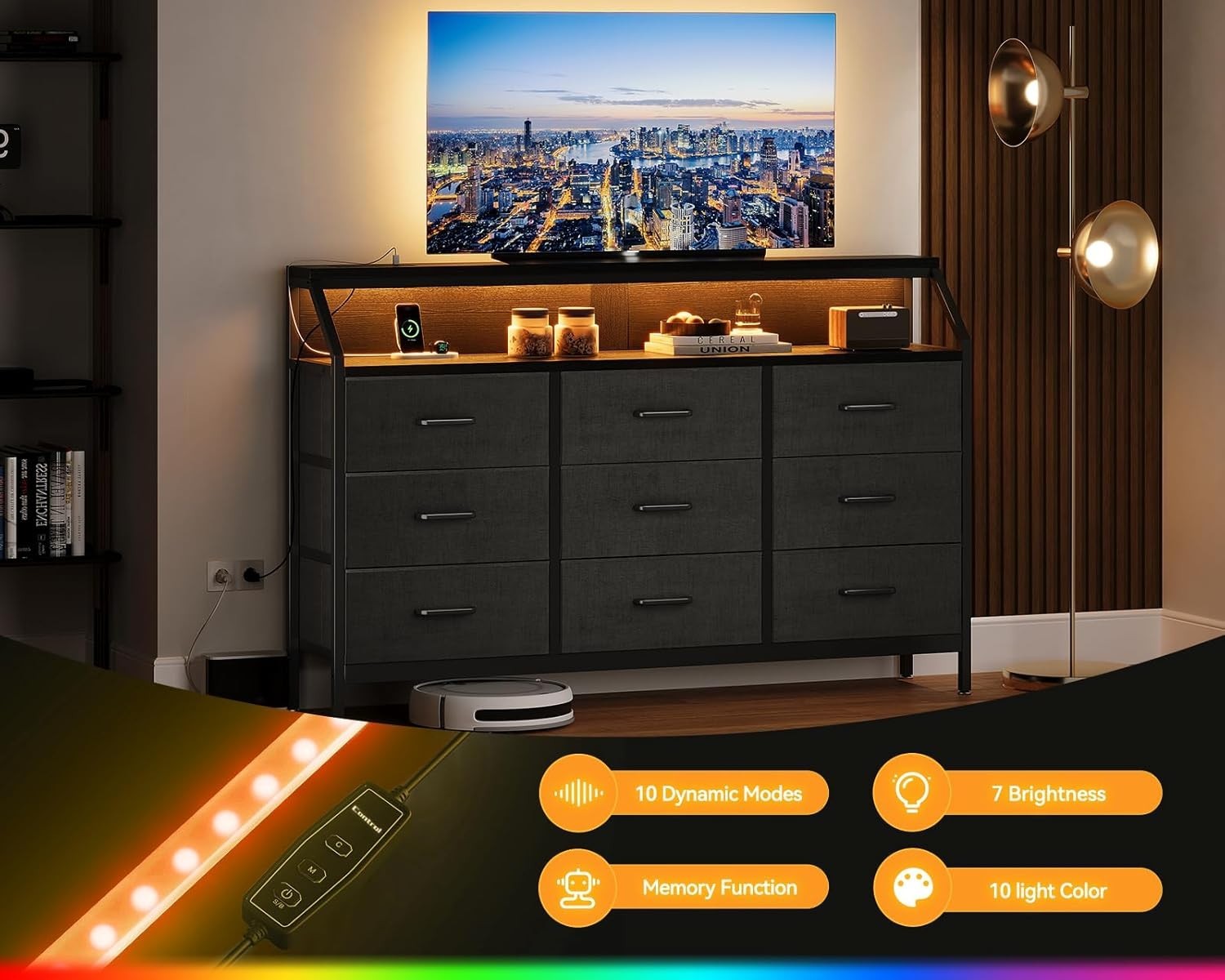 Modern Black Chest of Drawers 9 Fabric Drawers USB Ports LED Light Strip