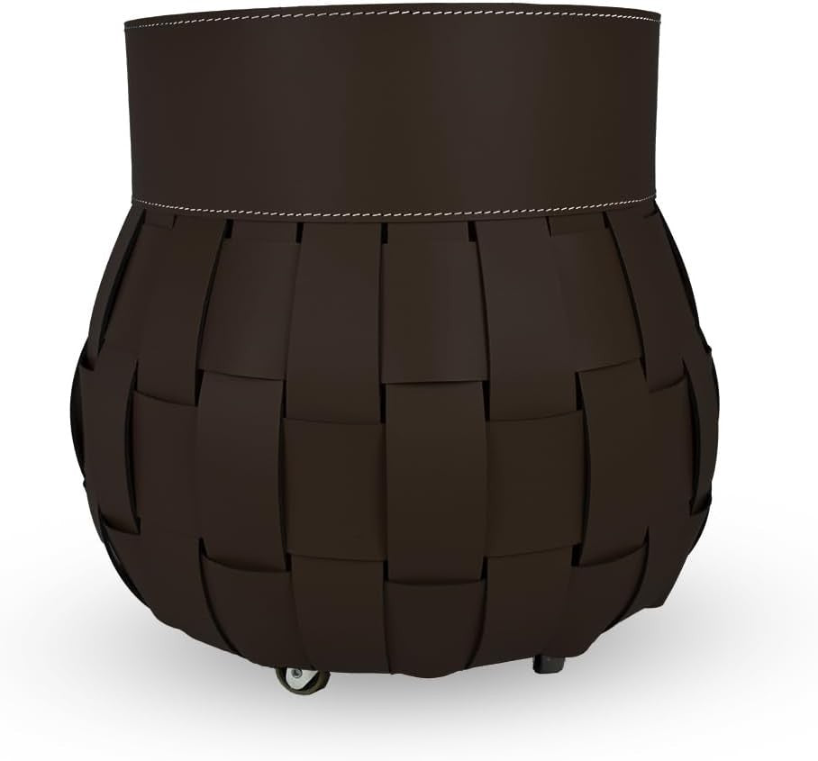 Dark Brown Leather Firewood Basket with Wheels – Indoor Log Holder, 45x45x48 cm