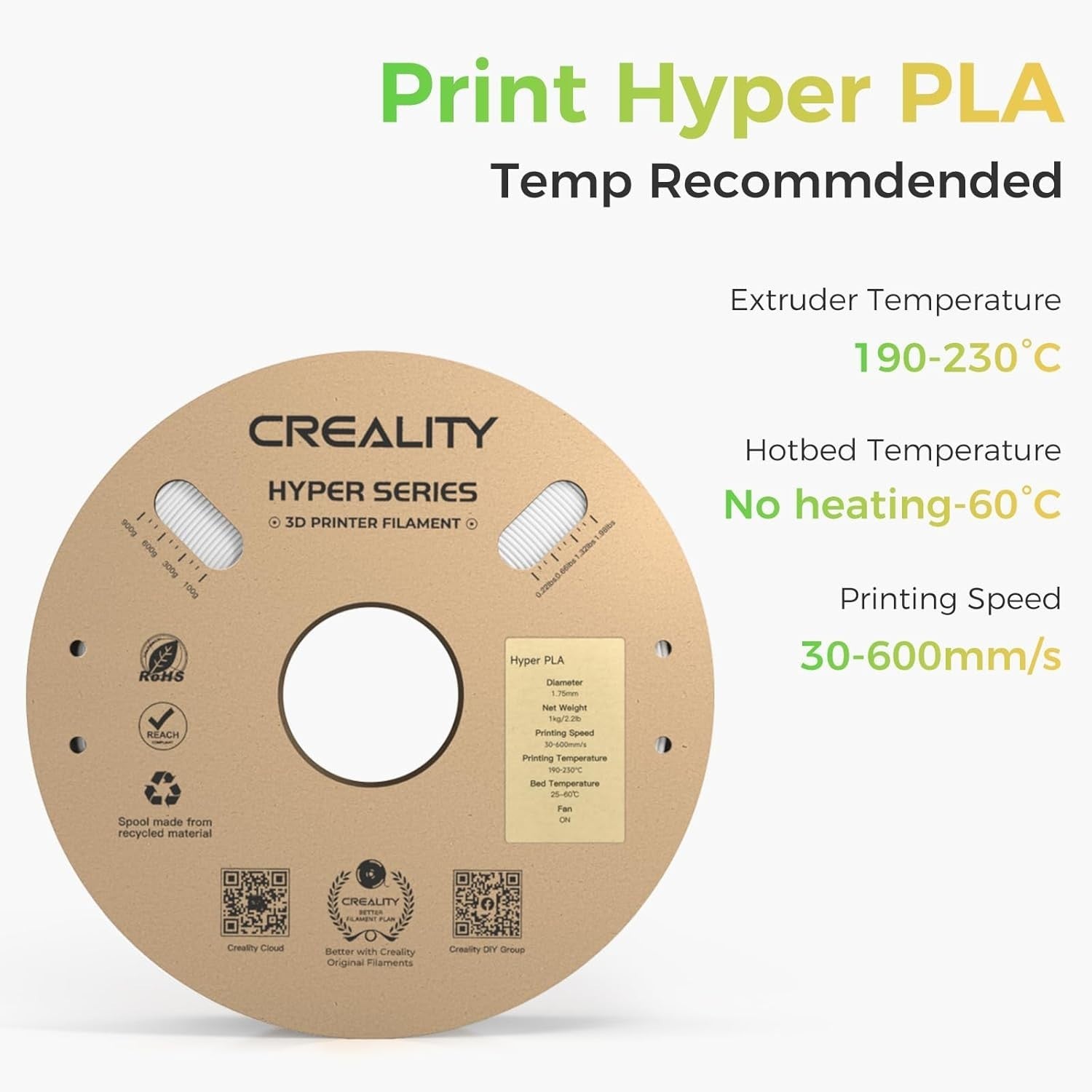 Hyper PLA Filament White 4KG High Speed 600mm/s 1.75mm ±0.03mm