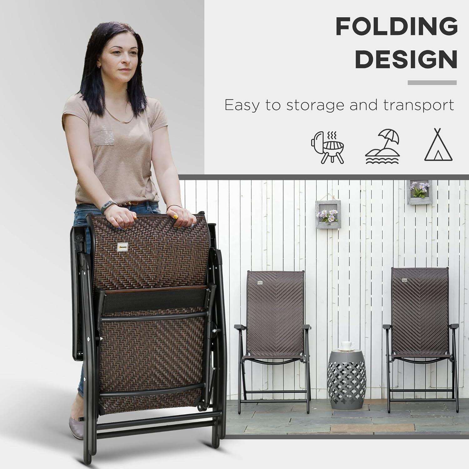 Outdoor Folding Rattan Chairs Set of 2 Adjustable Reclining Patio Dining