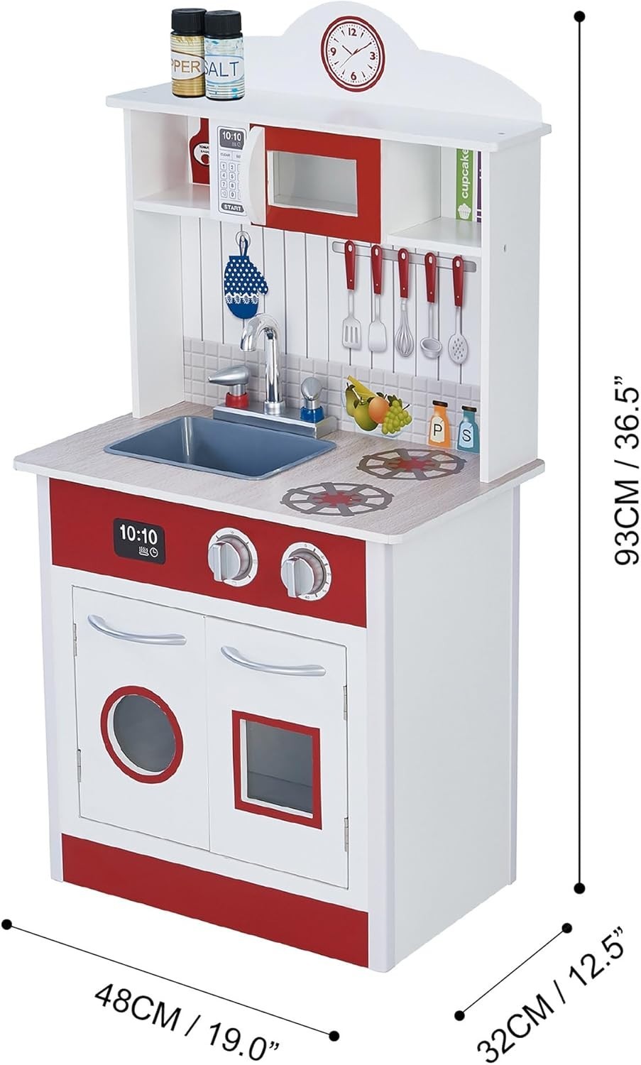 Compact Wooden Kids Play Kitchen Sink Oven Microwave White Red