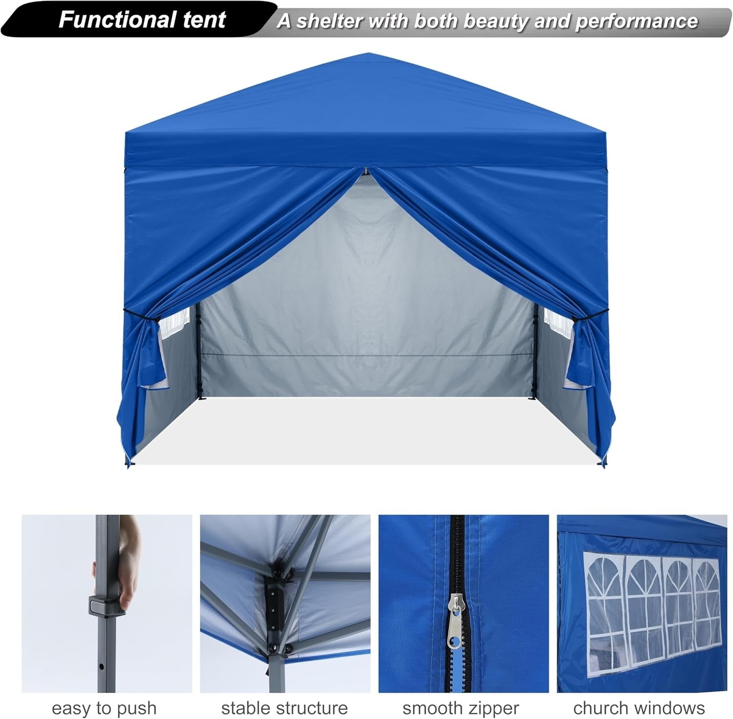 3x3M Blue Pop Up Gazebo With 4 Church Windows Waterproof Outdoor Tent