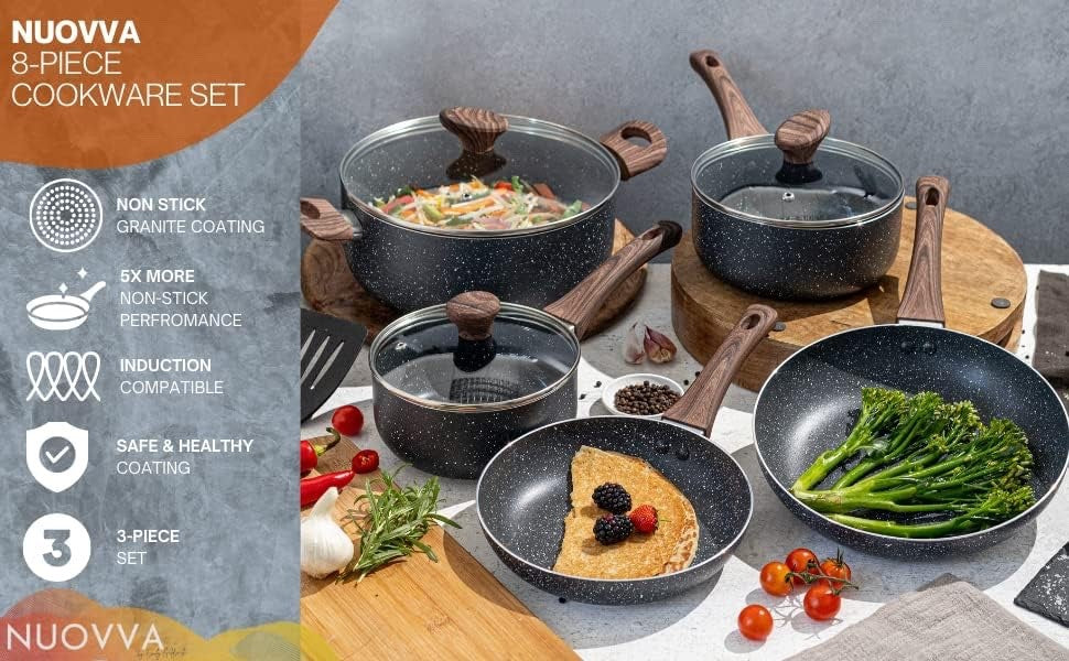8pcs Marble Non Stick Cookware Set with Lids – Induction & Gas Safe Pots