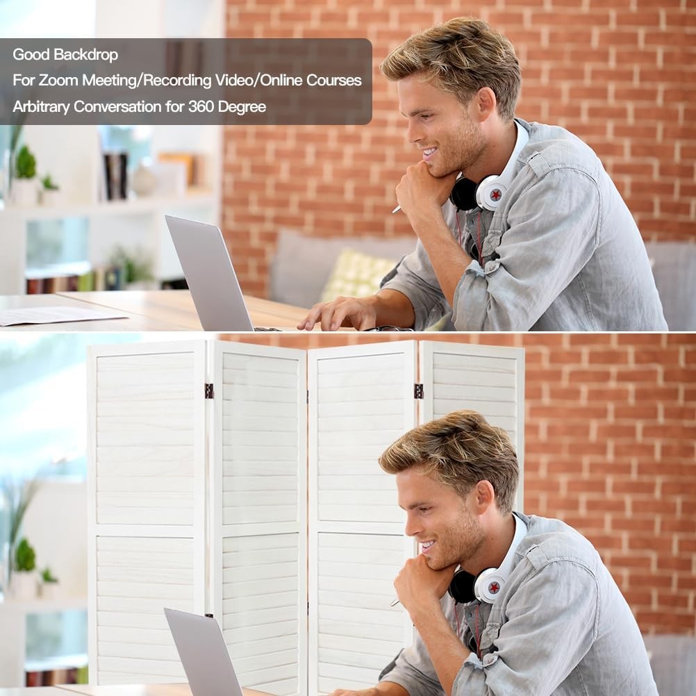 White 4 Panel Wooden Folding Room Divider Privacy Screen for Home Office 170cm