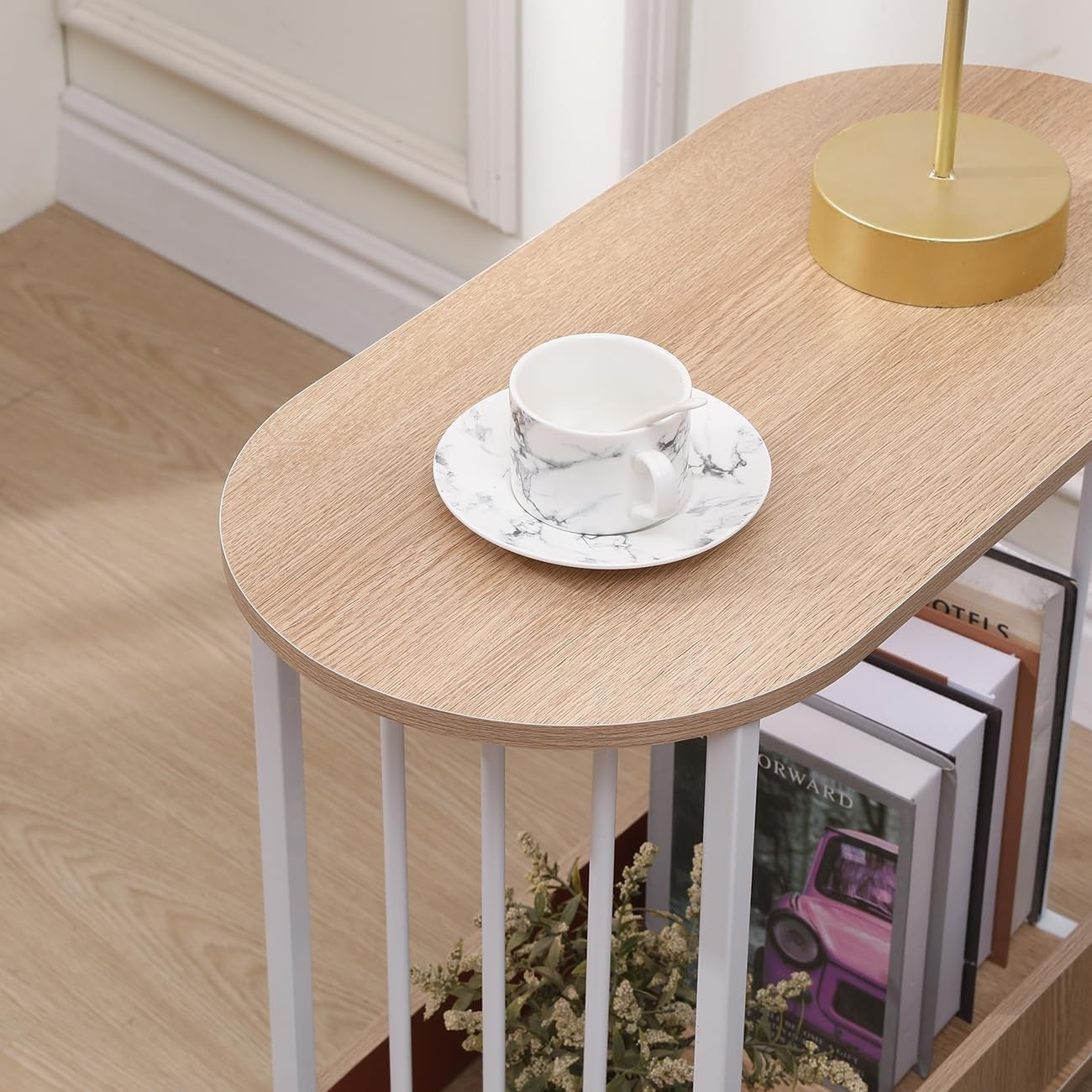 Slim Oval Side Table with Storage, Maple Small End Table for Living Room