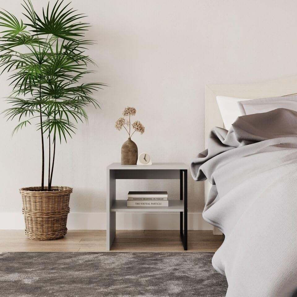 Grey 40cm Wood & Steel Side Table – Bedside or Sofa Table with Open Shelf