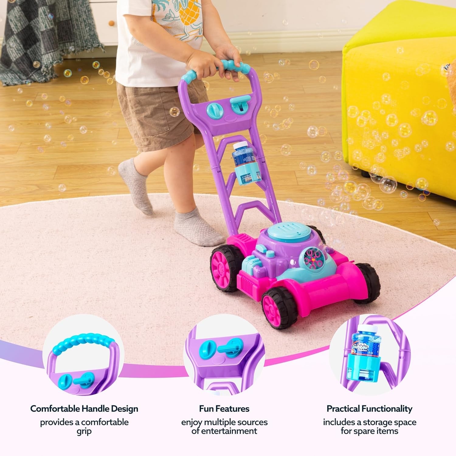 Kids Bubble Lawn Mower Push Toy Machine Pink