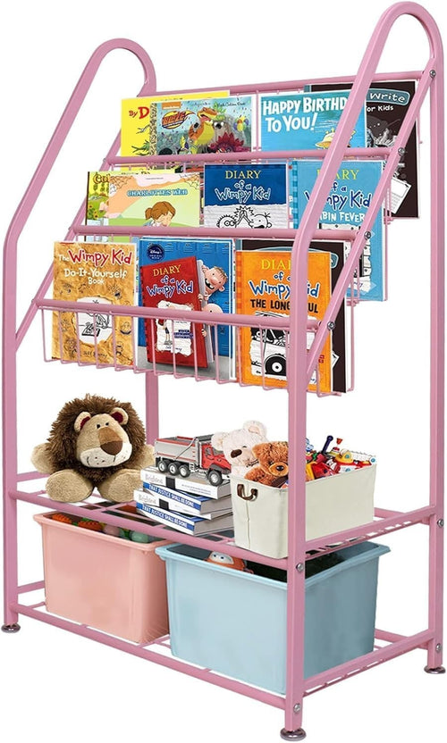 Kids Medium Leaning Bookshelf & Toy Organizer Rack – Durable Metal, Pink
