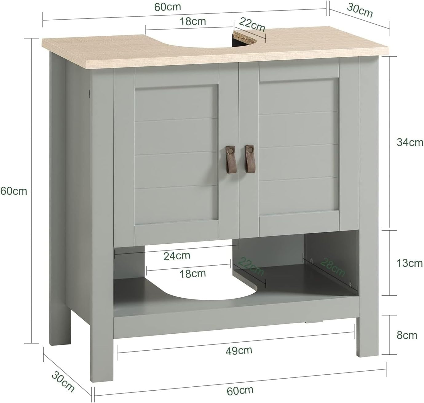 Light Grey Under Sink Bathroom Cabinet 2 Door Vanity Unit Shelf 60x60cm MDF