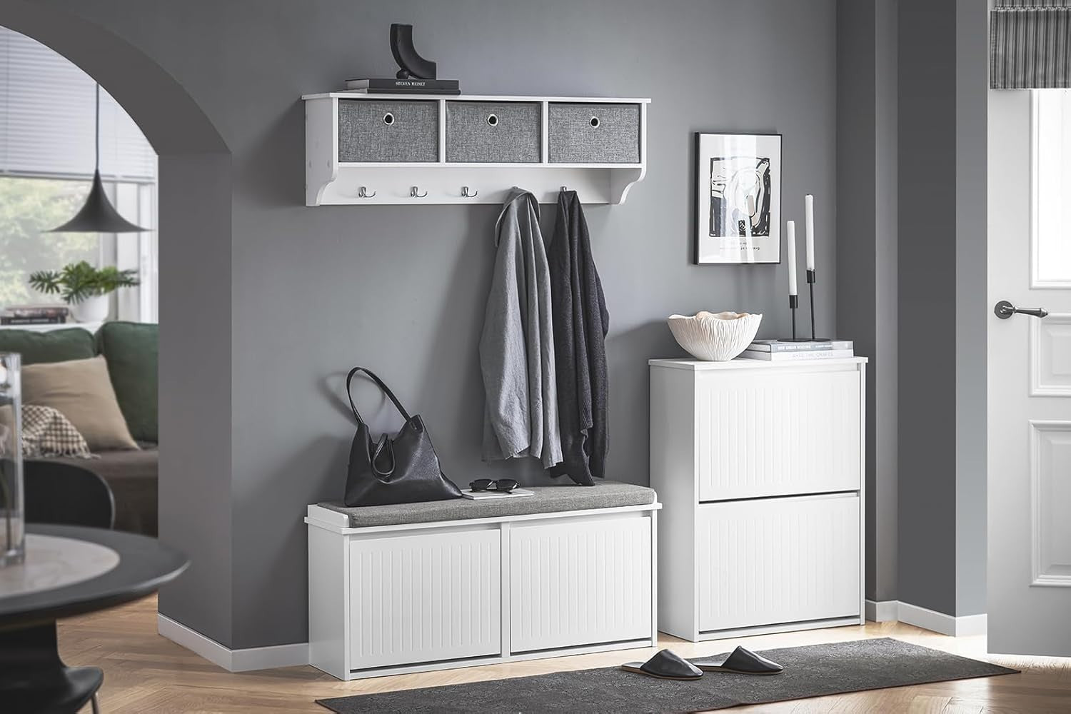 White Shoe Storage Bench with Cushion – 2 Flip Drawers, Space Saver Seat