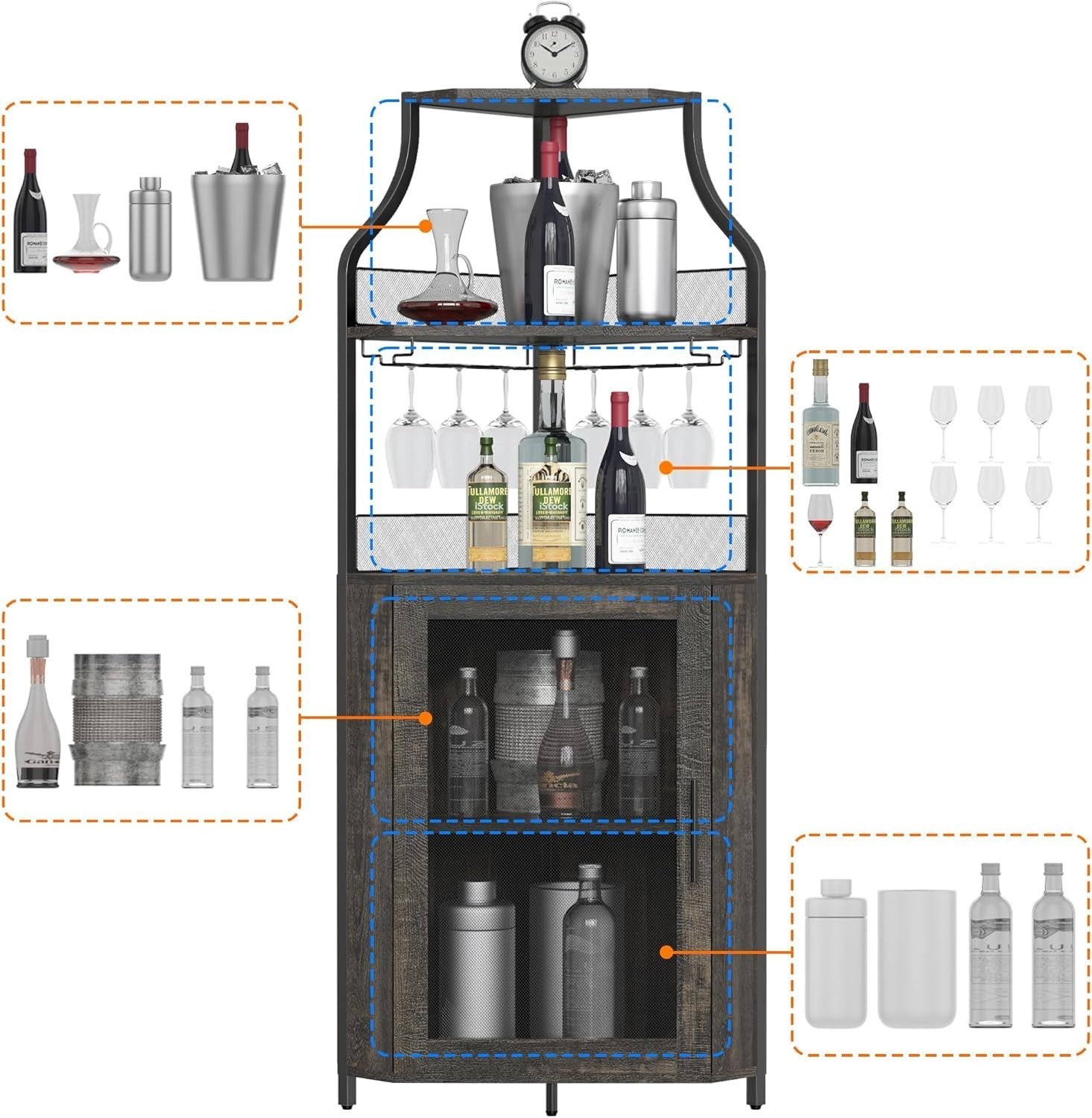 Tall Corner Bar Cabinet with Wine Rack & Glass Holder, 5-Tier Liquor Storage