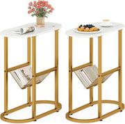 Slim Oval Side Table with Magazine Holder, 2-Tier Metal Frame Small Sofa End Tab